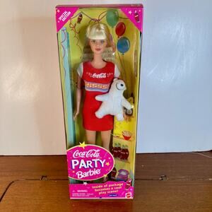 Vintage 90s Mattel Coca Cola Party Barbie w/Plush Polar Bear #22964 (1998) NRFB